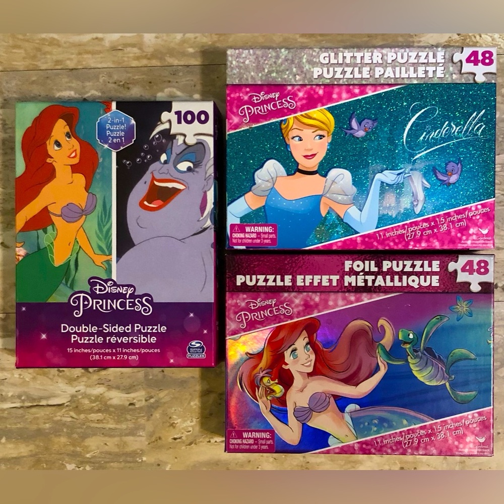 3 Disney Princess Puzzles: 100 pc Double-sided Ariel/Ursula & 2 More 48 pc